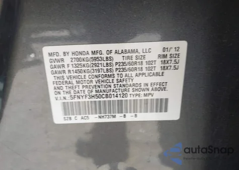 2012 Honda Pilot Ex-L z USA, uszkodzony, nr VIN 5FNYF3H50CB014120